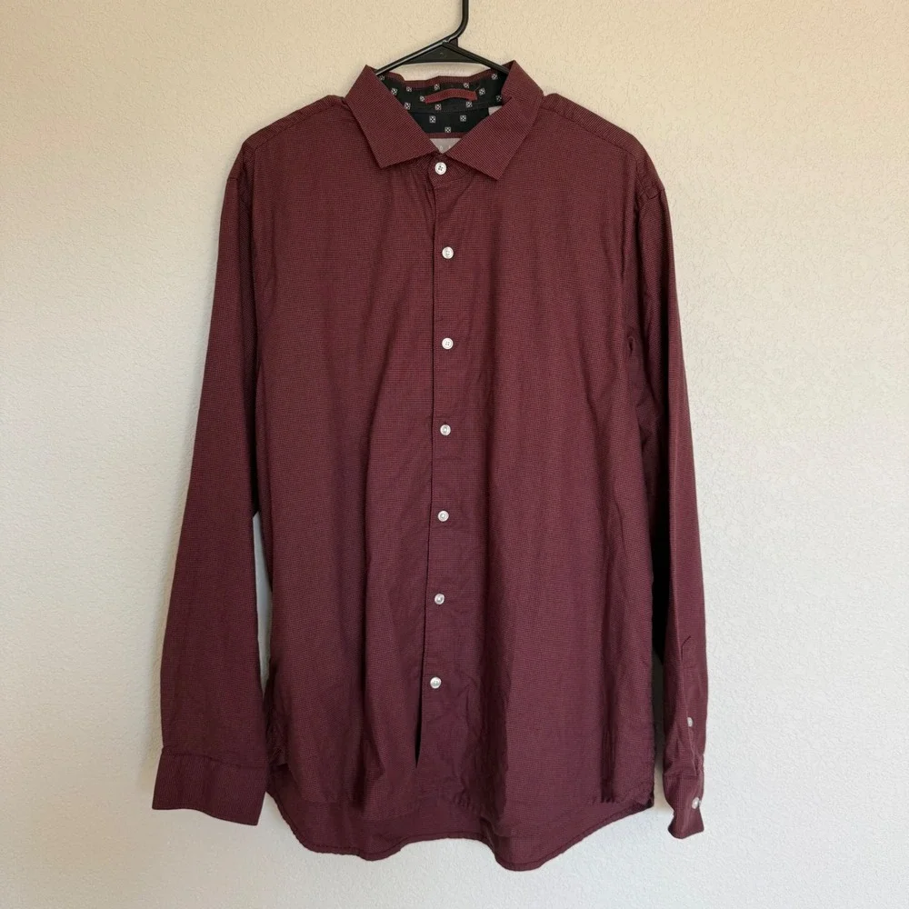 Ted Baker Mens Burgundy Micro Houndstooth Button Down Shirt Long Sleeve Cotton